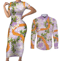 Aloha Festive Hawaii Couples Matching Short Sleeve Bodycon Dress and Long Sleeve Button Shirt Mokihana - Maile and Ilima on Lilac - Polynesian Pride