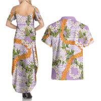 Aloha Festive Hawaii Couples Matching Summer Maxi Dress and Hawaiian Shirt Mokihana - Maile and Ilima on Lilac - Polynesian Pride