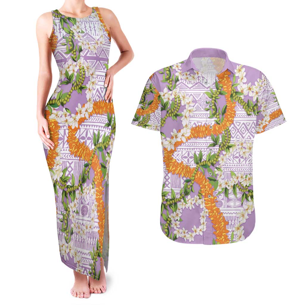 Aloha Festive Hawaii Couples Matching Tank Maxi Dress and Hawaiian Shirt Mokihana - Maile and Ilima on Lilac - Polynesian Pride