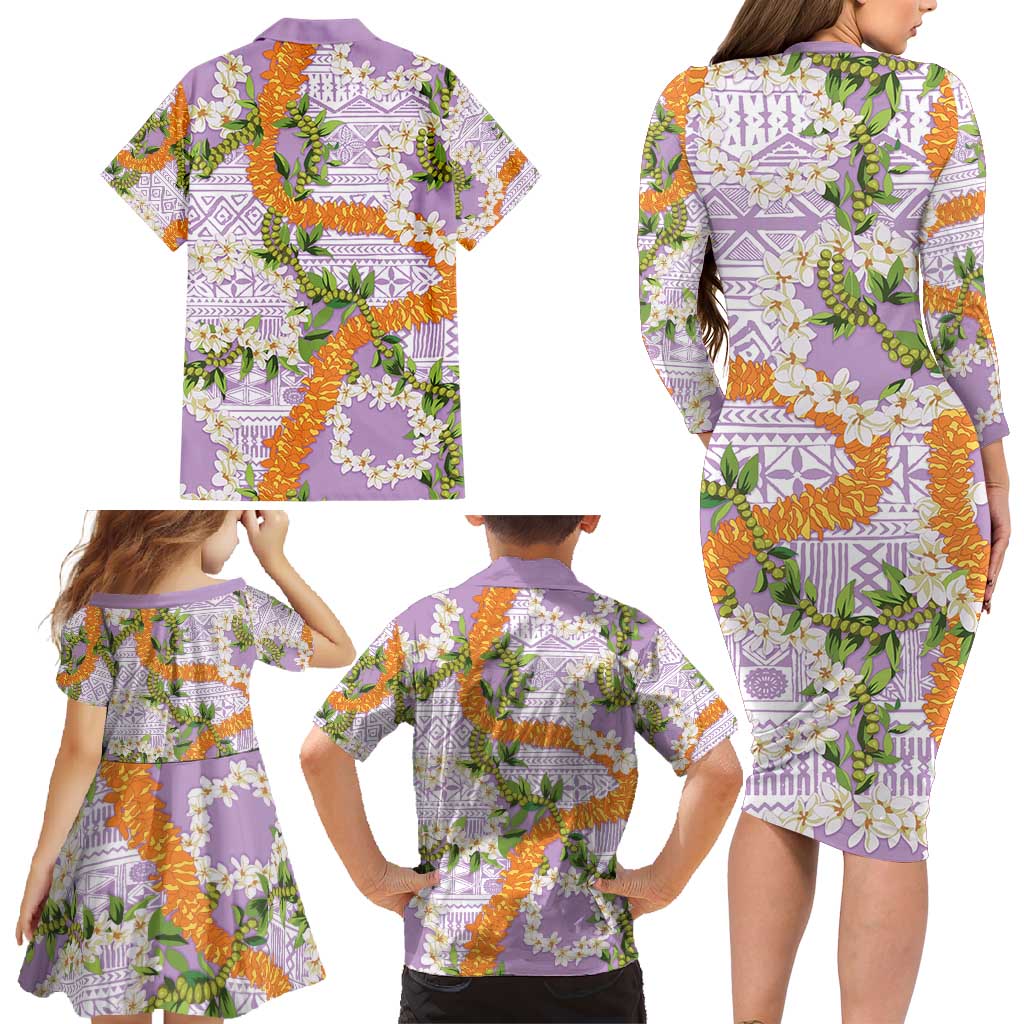 Aloha Festive Hawaii Family Matching Long Sleeve Bodycon Dress and Hawaiian Shirt Mokihana - Maile and Ilima on Lilac - Polynesian Pride