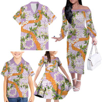 Aloha Festive Hawaii Family Matching Off The Shoulder Long Sleeve Dress and Hawaiian Shirt Mokihana - Maile and Ilima on Lilac - Polynesian Pride