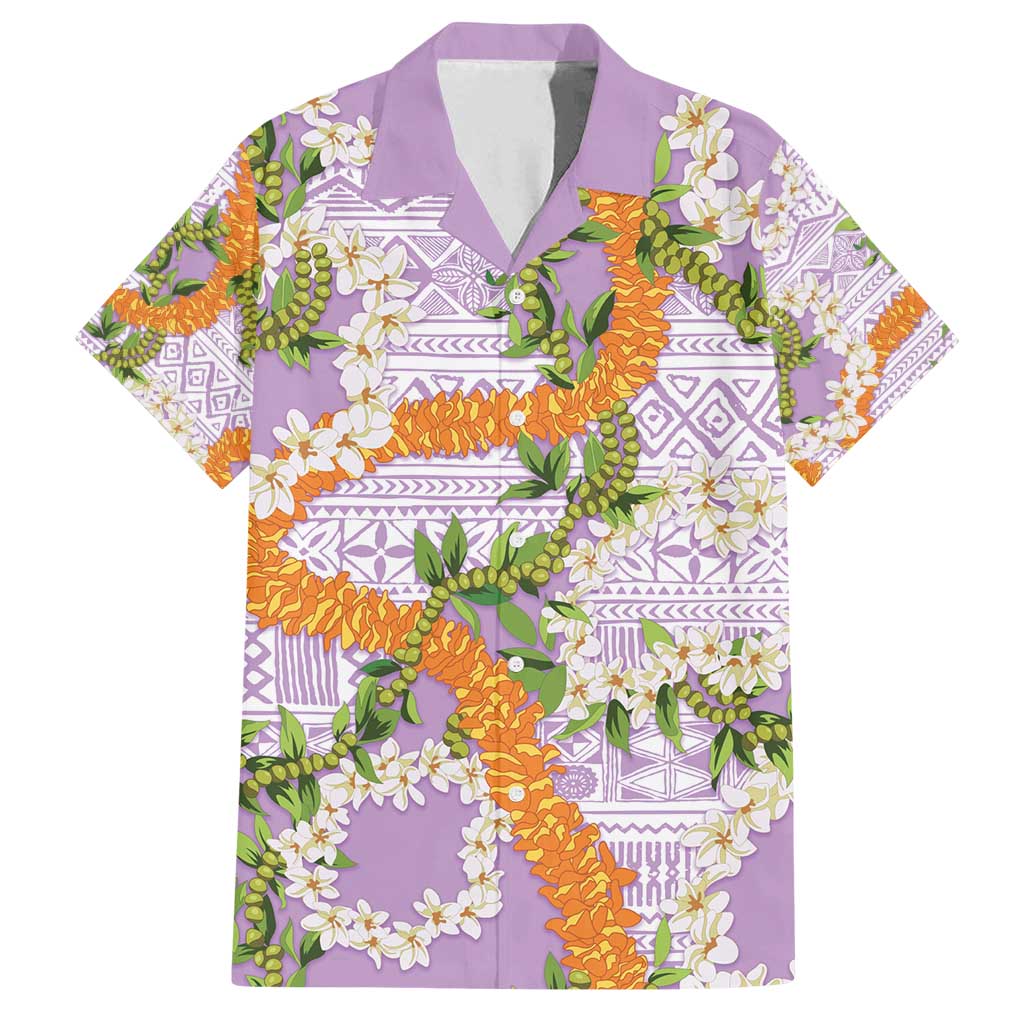 Aloha Festive Hawaii Family Matching Off Shoulder Maxi Dress and Hawaiian Shirt Mokihana - Maile and Ilima on Lilac LT7 Dad's Shirt - Short Sleeve Lilac - Polynesian Pride