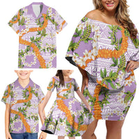 Aloha Festive Hawaii Family Matching Off Shoulder Short Dress and Hawaiian Shirt Mokihana - Maile and Ilima on Lilac - Polynesian Pride