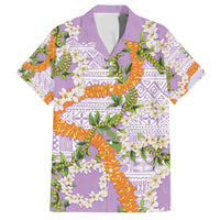 Aloha Festive Hawaii Family Matching Off Shoulder Short Dress and Hawaiian Shirt Mokihana - Maile and Ilima on Lilac - Polynesian Pride