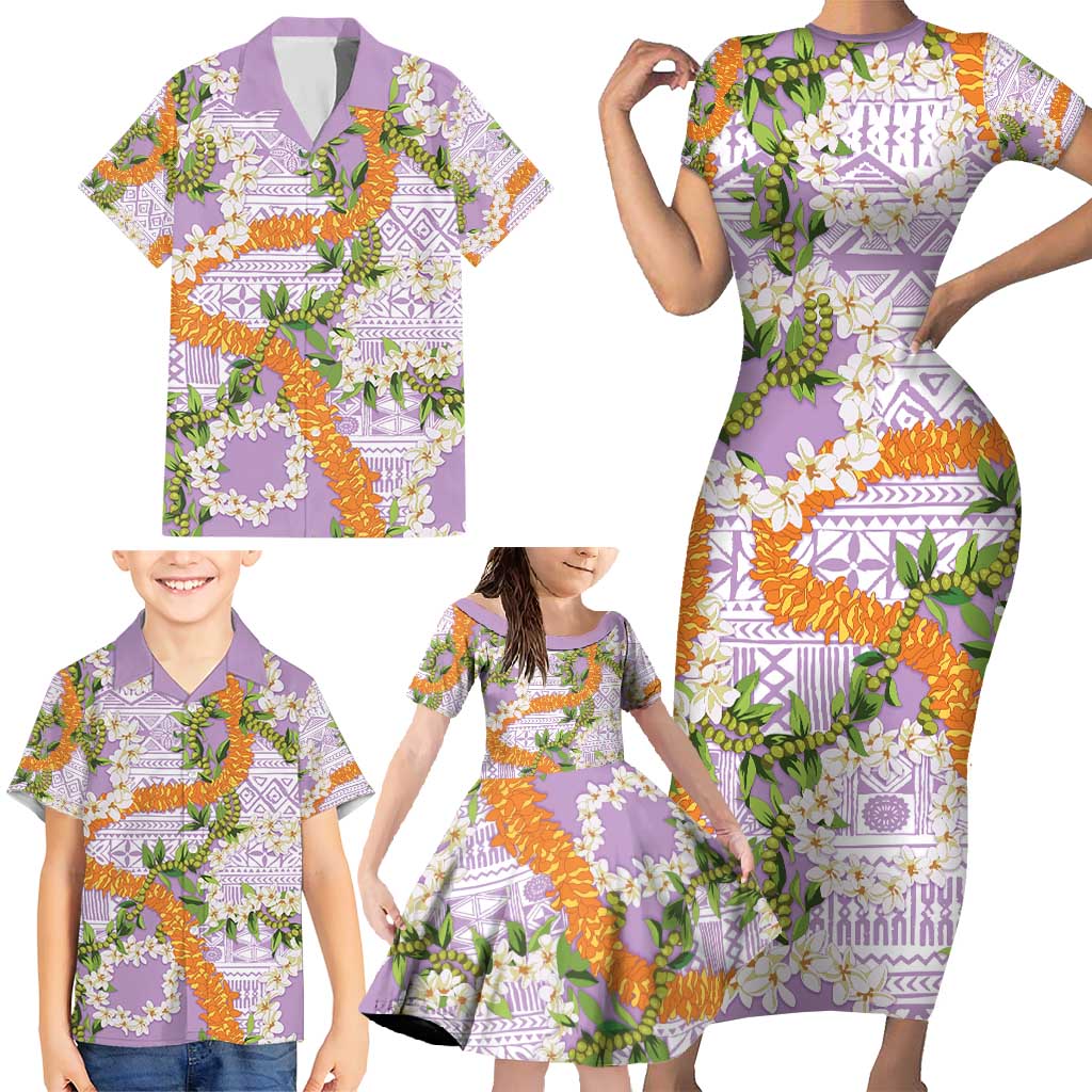 Aloha Festive Hawaii Family Matching Short Sleeve Bodycon Dress and Hawaiian Shirt Mokihana - Maile and Ilima on Lilac - Polynesian Pride