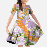 Aloha Festive Hawaii Kid Short Sleeve Dress Mokihana - Maile and Ilima on Lilac - Polynesian Pride