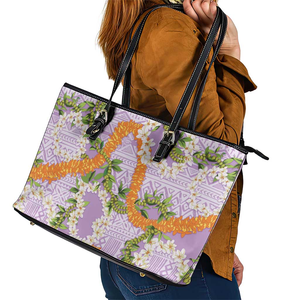 Aloha Festive Hawaii Leather Tote Bag Mokihana - Maile and Ilima on Lilac - Polynesian Pride