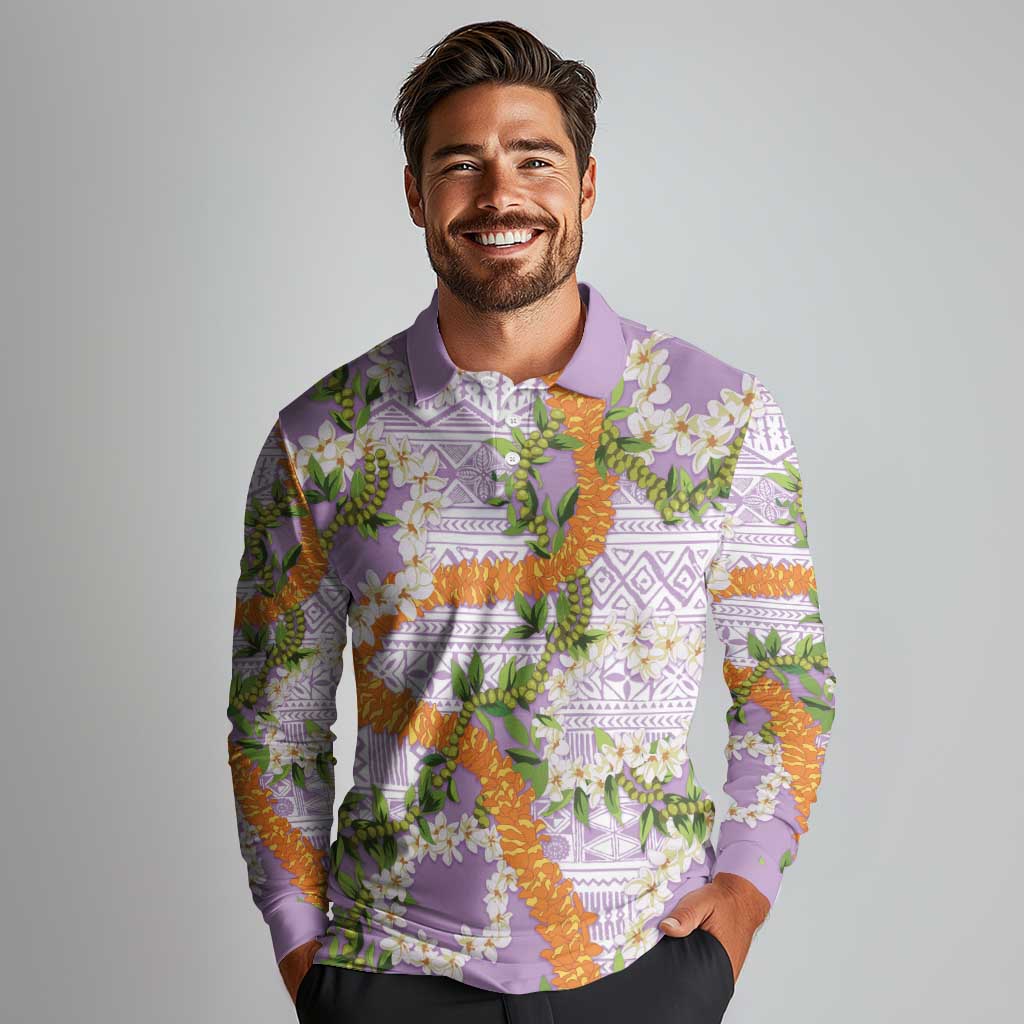 Aloha Festive Hawaii Long Sleeve Polo Shirt Mokihana - Maile and Ilima on Lilac - Polynesian Pride