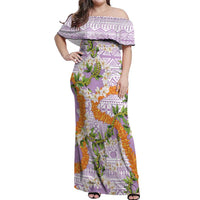 Aloha Festive Hawaii Off Shoulder Maxi Dress Mokihana - Maile and Ilima on Lilac - Polynesian Pride