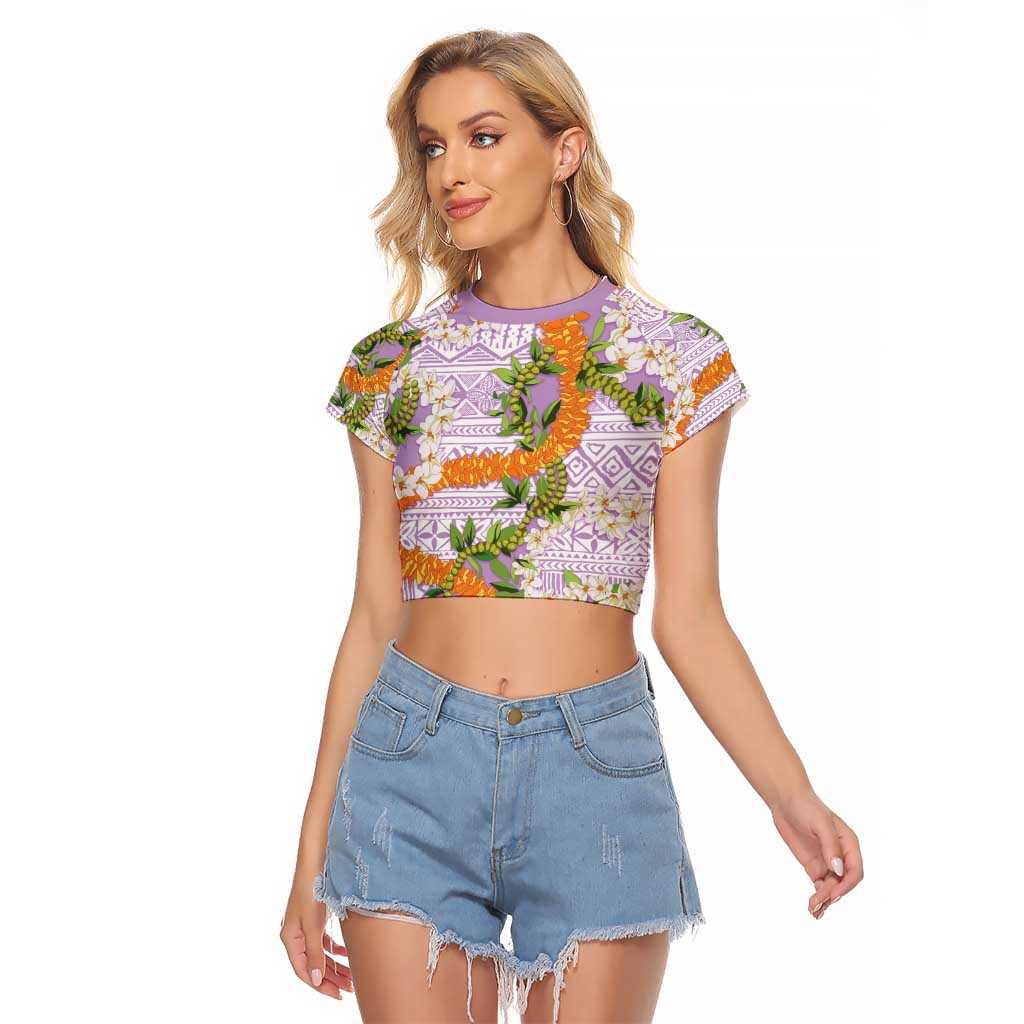 Aloha Festive Hawaii Raglan Cropped T Shirt Mokihana - Maile and Ilima on Lilac LT7 Female Lilac - Polynesian Pride