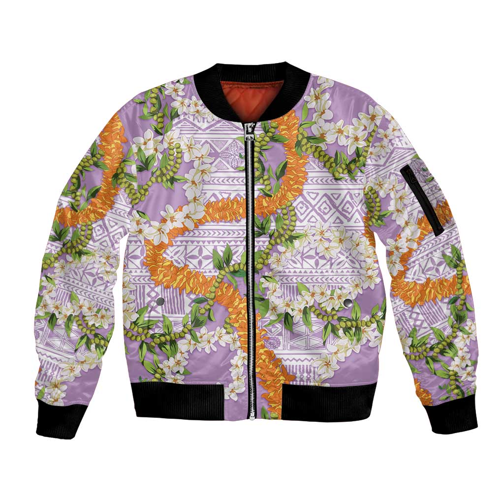Aloha Festive Hawaii Sleeve Zip Bomber Jacket Mokihana - Maile and Ilima on Lilac LT7 Unisex Lilac - Polynesian Pride