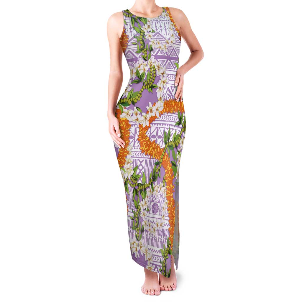 Aloha Festive Hawaii Tank Maxi Dress Mokihana - Maile and Ilima on Lilac - Polynesian Pride