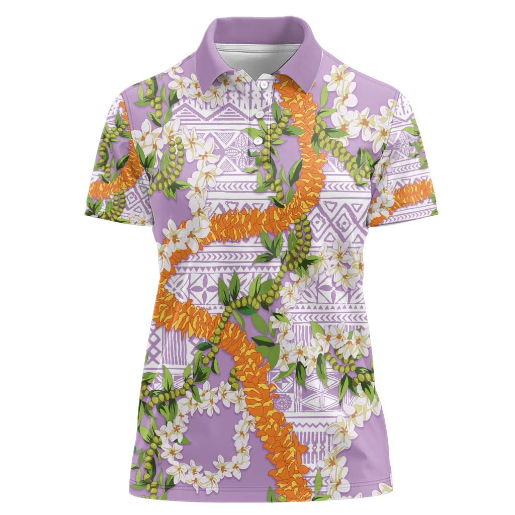 Aloha Festive Hawaii Women Polo Shirt Mokihana - Maile and Ilima on Lilac - Polynesian Pride