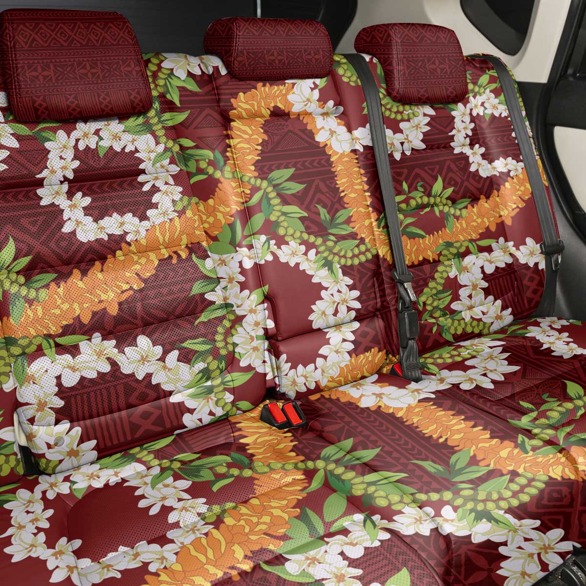 Aloha Festive Hawaii Back Car Seat Cover Mokihana - Maile and Ilima on Crimson - Polynesian Pride