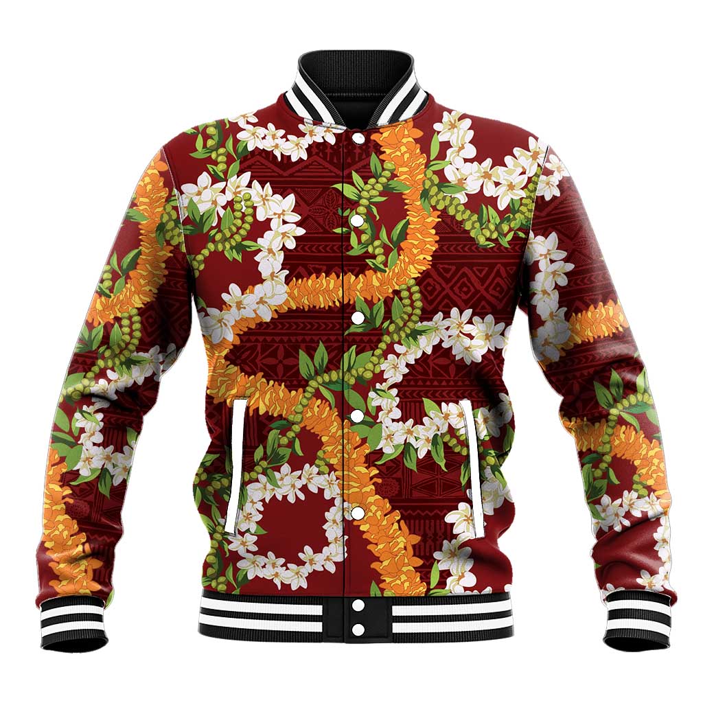 Aloha Festive Hawaii Baseball Jacket Mokihana - Maile and Ilima on Crimson LT7 Unisex Crimson - Polynesian Pride
