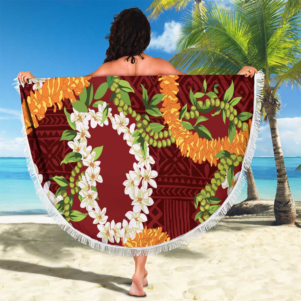 Aloha Festive Hawaii Beach Blanket Mokihana - Maile and Ilima on Crimson - Polynesian Pride