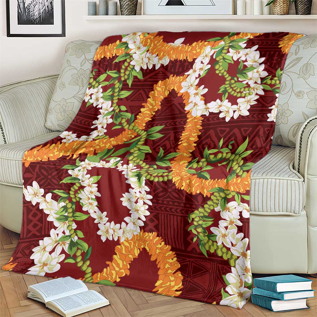 Aloha Festive Hawaii Blanket Mokihana - Maile and Ilima on Crimson - Polynesian Pride