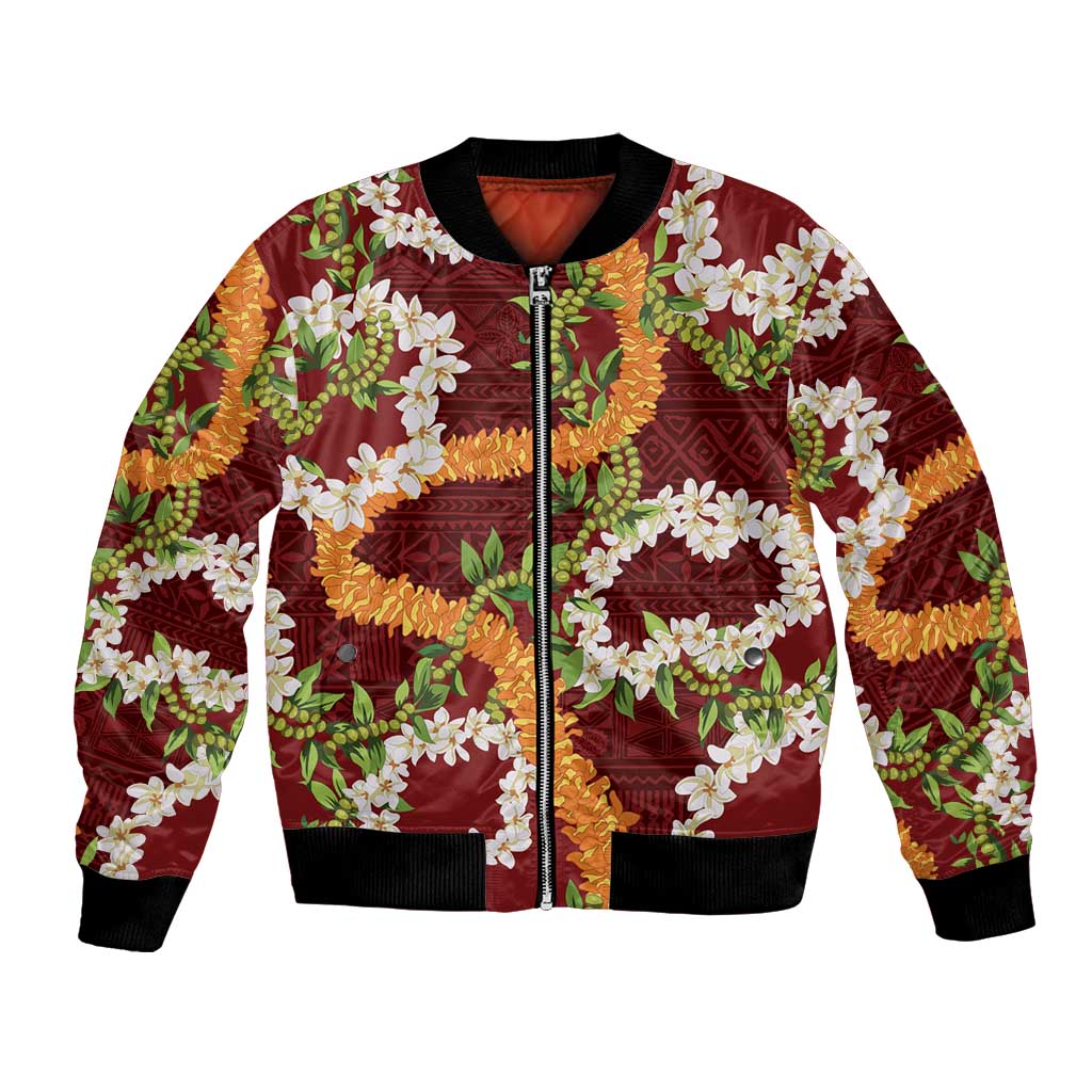 Aloha Festive Hawaii Bomber Jacket Mokihana - Maile and Ilima on Crimson LT7 Unisex Crimson - Polynesian Pride