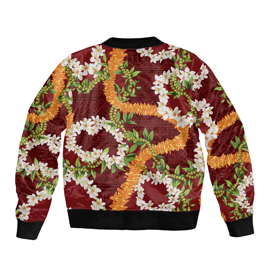 Aloha Festive Hawaii Bomber Jacket Mokihana - Maile and Ilima on Crimson LT7 - Polynesian Pride