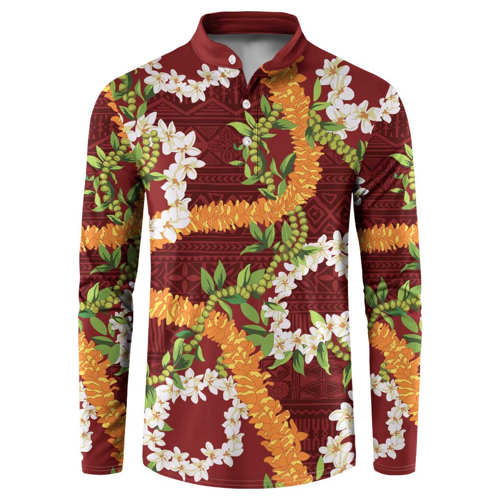 Aloha Festive Hawaii Button Sweatshirt Mokihana - Maile and Ilima on Crimson LT7 Crimson - Polynesian Pride