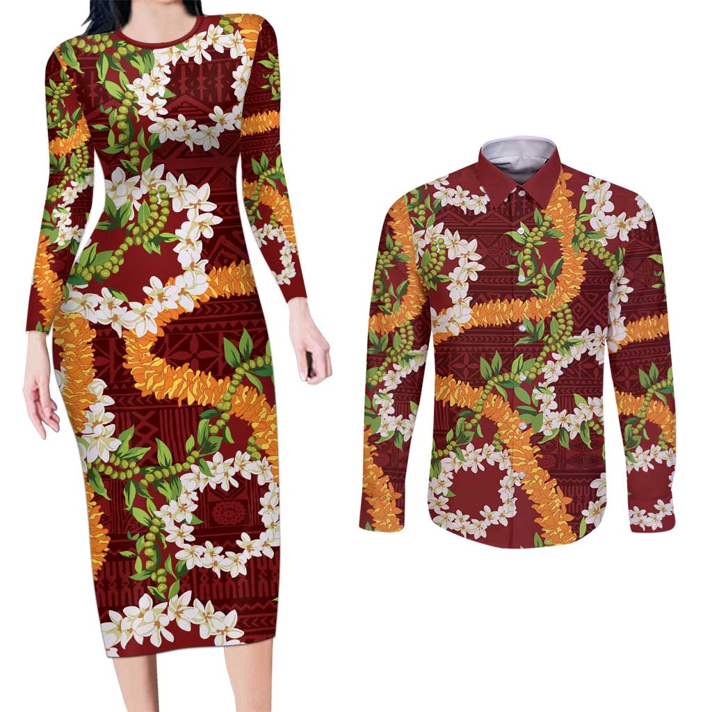 Aloha Festive Hawaii Couples Matching Long Sleeve Bodycon Dress and Long Sleeve Button Shirt Mokihana - Maile and Ilima on Crimson - Polynesian Pride