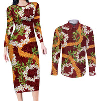 Aloha Festive Hawaii Couples Matching Long Sleeve Bodycon Dress and Long Sleeve Button Shirt Mokihana - Maile and Ilima on Crimson - Polynesian Pride