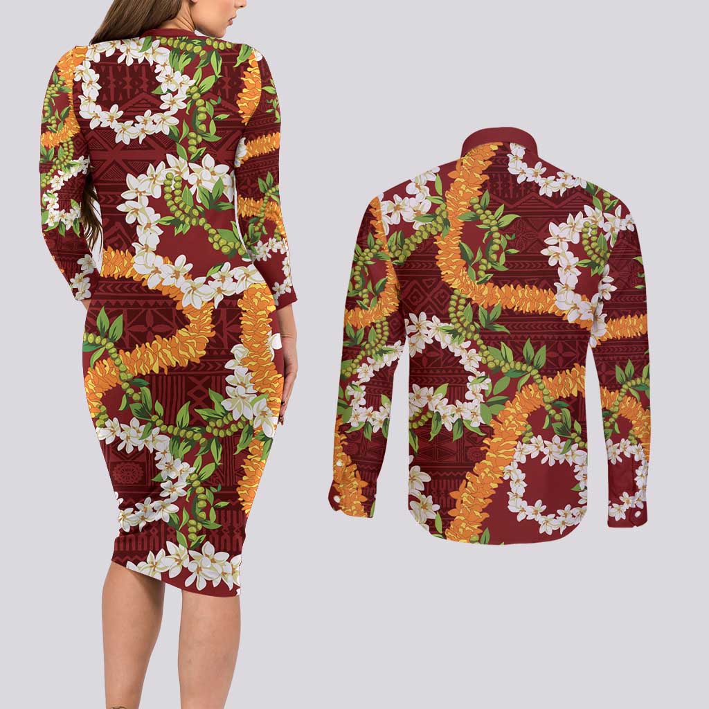 Aloha Festive Hawaii Couples Matching Long Sleeve Bodycon Dress and Long Sleeve Button Shirt Mokihana - Maile and Ilima on Crimson - Polynesian Pride