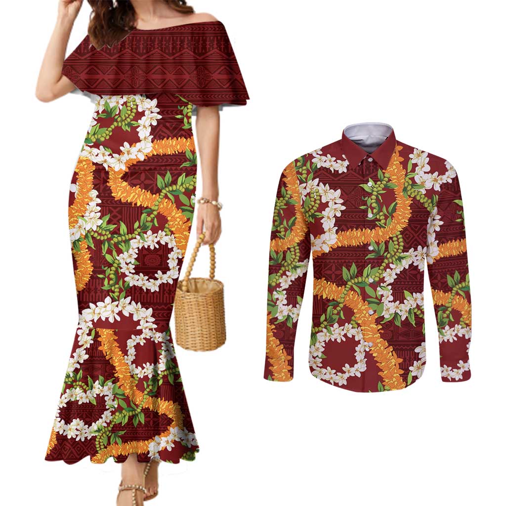 Aloha Festive Hawaii Couples Matching Mermaid Dress and Long Sleeve Button Shirt Mokihana - Maile and Ilima on Crimson - Polynesian Pride