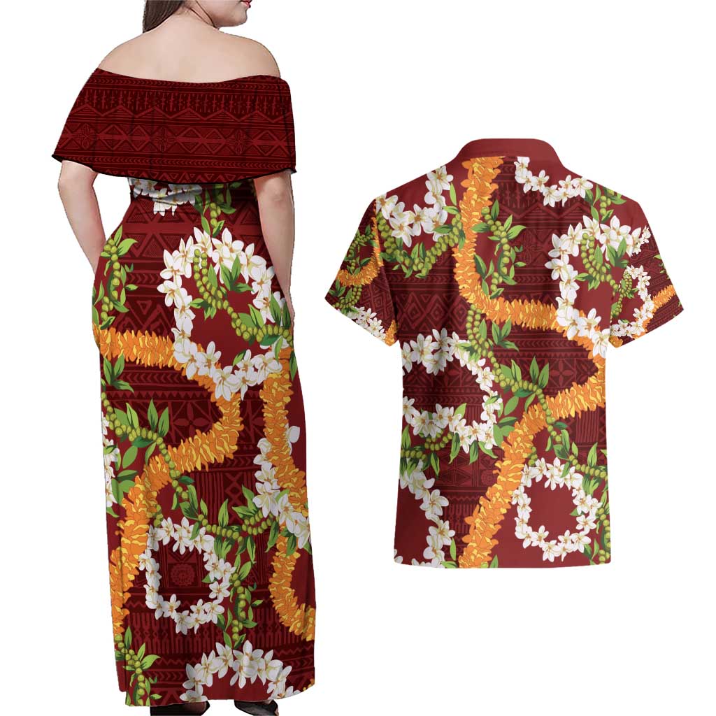 Aloha Festive Hawaii Couples Matching Off Shoulder Maxi Dress and Hawaiian Shirt Mokihana - Maile and Ilima on Crimson - Polynesian Pride