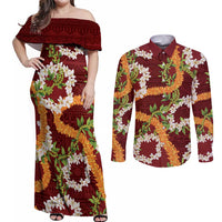 Aloha Festive Hawaii Couples Matching Off Shoulder Maxi Dress and Long Sleeve Button Shirt Mokihana - Maile and Ilima on Crimson - Polynesian Pride