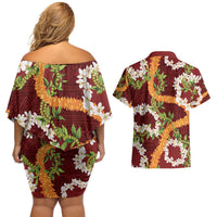 Aloha Festive Hawaii Couples Matching Off Shoulder Short Dress and Hawaiian Shirt Mokihana - Maile and Ilima on Crimson - Polynesian Pride