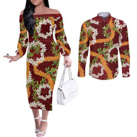 Aloha Festive Hawaii Couples Matching Off The Shoulder Long Sleeve Dress and Long Sleeve Button Shirt Mokihana - Maile and Ilima on Crimson - Polynesian Pride