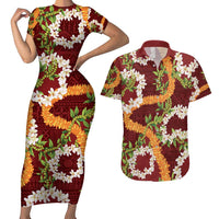 Aloha Festive Hawaii Couples Matching Short Sleeve Bodycon Dress and Hawaiian Shirt Mokihana - Maile and Ilima on Crimson - Polynesian Pride
