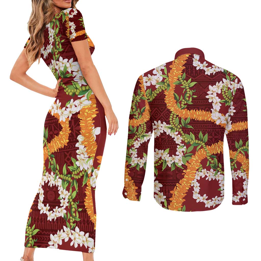 Aloha Festive Hawaii Couples Matching Short Sleeve Bodycon Dress and Long Sleeve Button Shirt Mokihana - Maile and Ilima on Crimson - Polynesian Pride