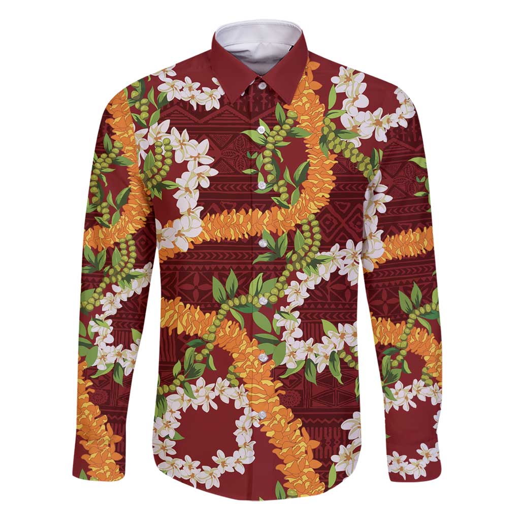 Aloha Festive Hawaii Family Matching Long Sleeve Bodycon Dress and Hawaiian Shirt Mokihana - Maile and Ilima on Crimson - Polynesian Pride
