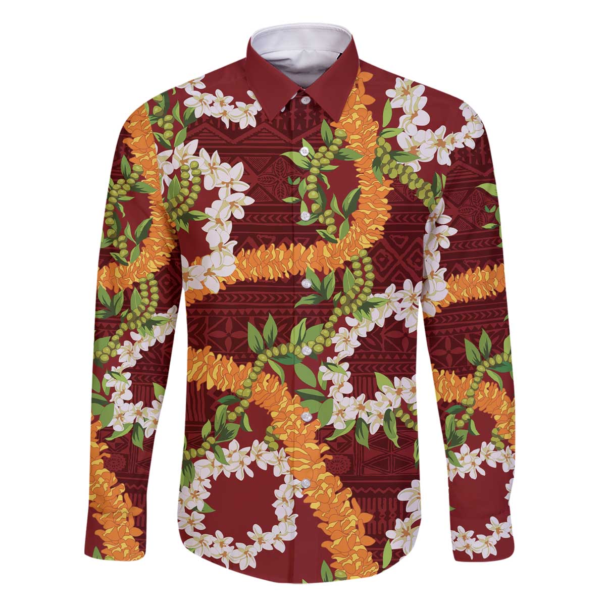 Aloha Festive Hawaii Family Matching Off The Shoulder Long Sleeve Dress and Hawaiian Shirt Mokihana - Maile and Ilima on Crimson - Polynesian Pride