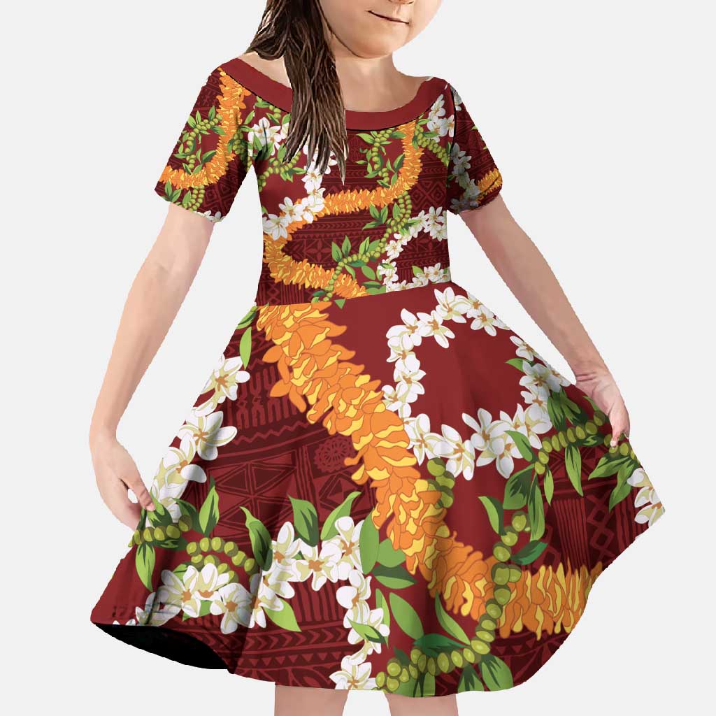 Aloha Festive Hawaii Family Matching Off Shoulder Maxi Dress and Hawaiian Shirt Mokihana - Maile and Ilima on Crimson LT7 Daughter's Dress Crimson - Polynesian Pride