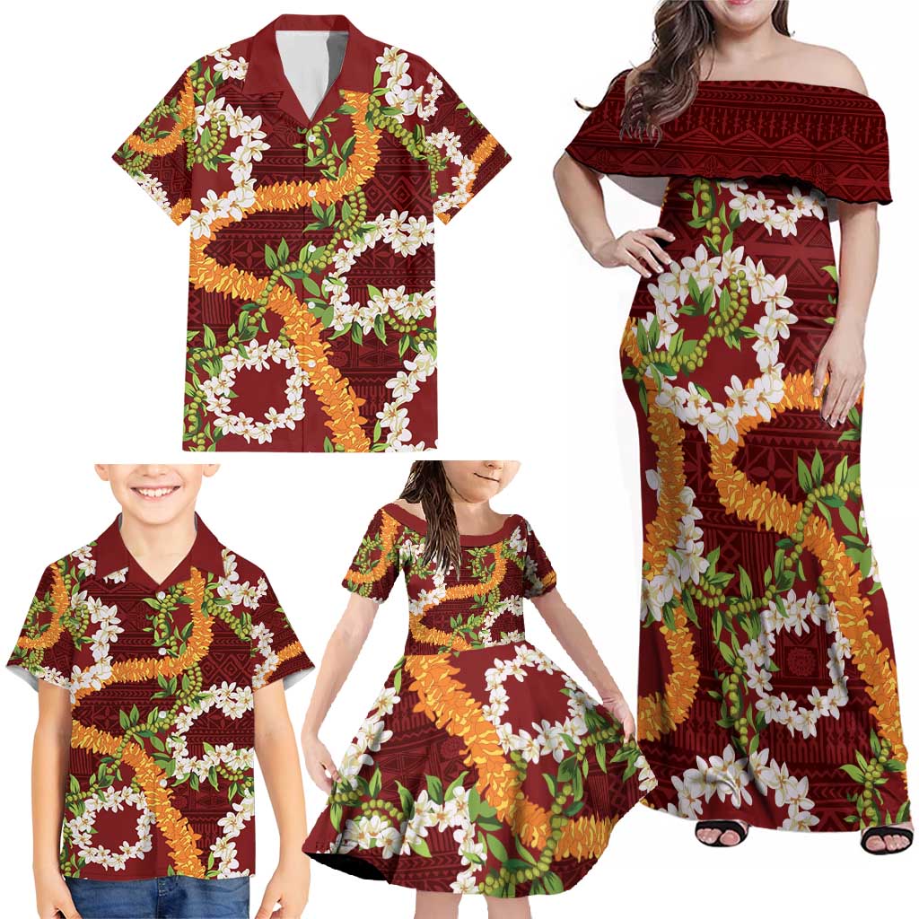 Aloha Festive Hawaii Family Matching Off Shoulder Maxi Dress and Hawaiian Shirt Mokihana - Maile and Ilima on Crimson - Polynesian Pride