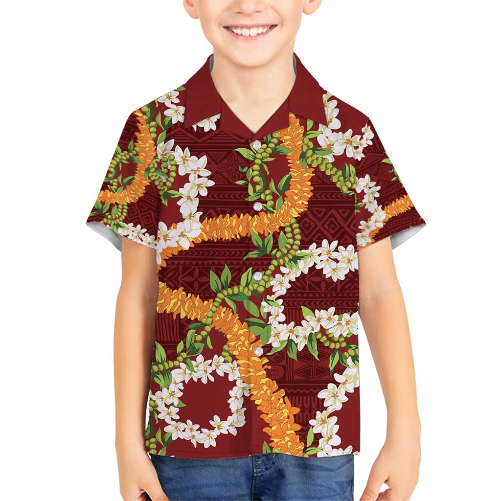 Aloha Festive Hawaii Family Matching Off Shoulder Maxi Dress and Hawaiian Shirt Mokihana - Maile and Ilima on Crimson LT7 Son's Shirt Crimson - Polynesian Pride