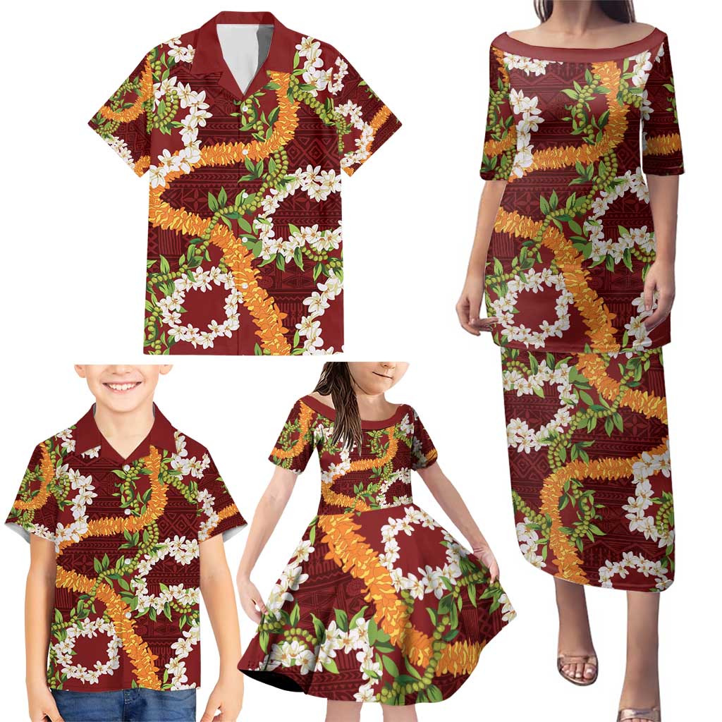 Aloha Festive Hawaii Family Matching Puletasi and Hawaiian Shirt Mokihana - Maile and Ilima on Crimson - Polynesian Pride