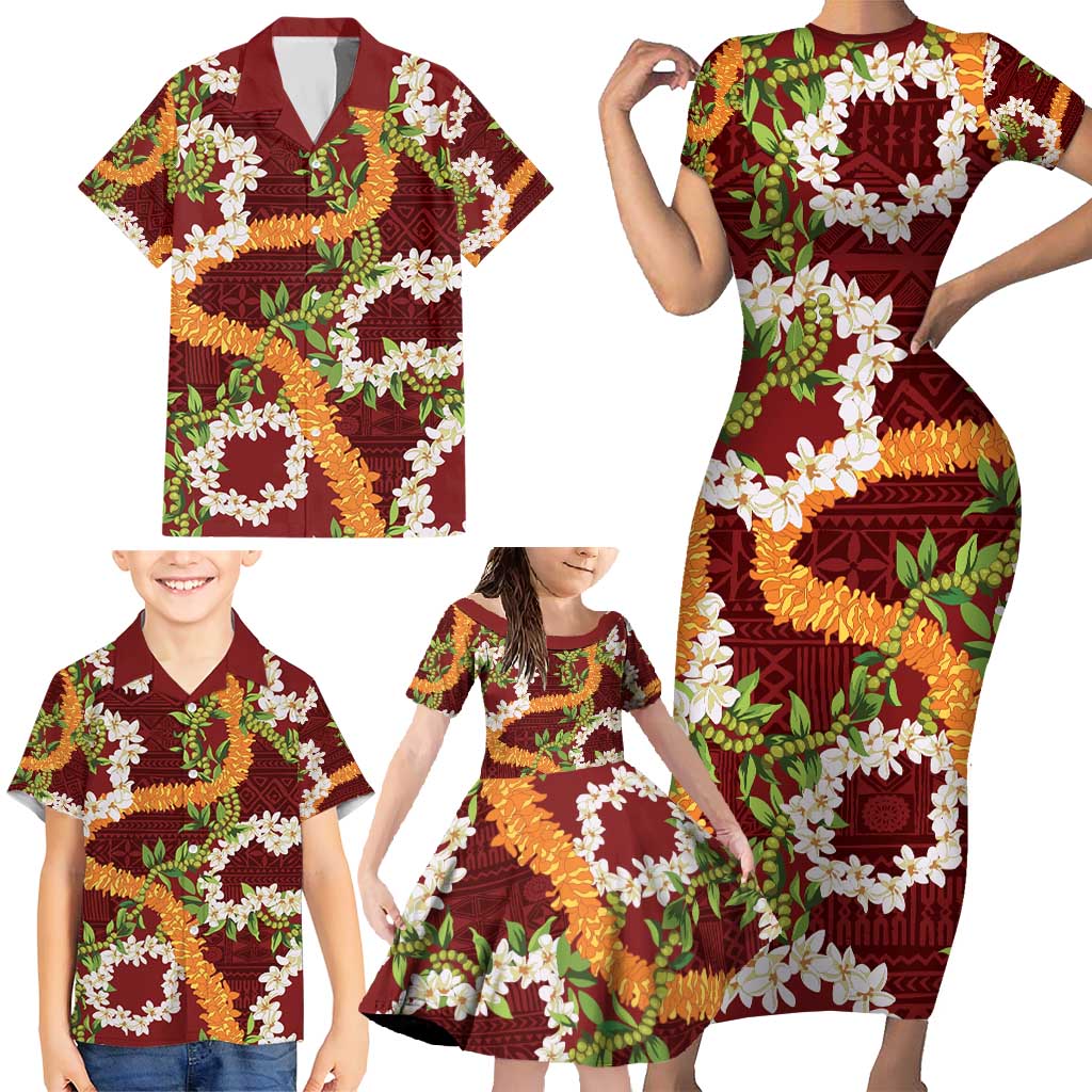 Aloha Festive Hawaii Family Matching Short Sleeve Bodycon Dress and Hawaiian Shirt Mokihana - Maile and Ilima on Crimson - Polynesian Pride