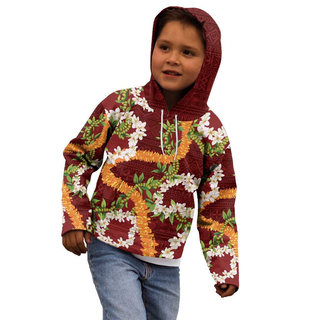 Aloha Festive Hawaii Kid Hoodie Mokihana - Maile and Ilima on Crimson - Polynesian Pride