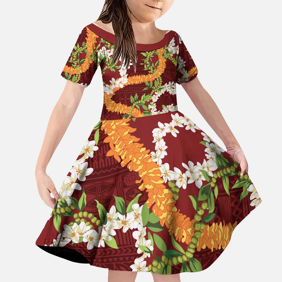 Aloha Festive Hawaii Kid Short Sleeve Dress Mokihana - Maile and Ilima on Crimson - Polynesian Pride