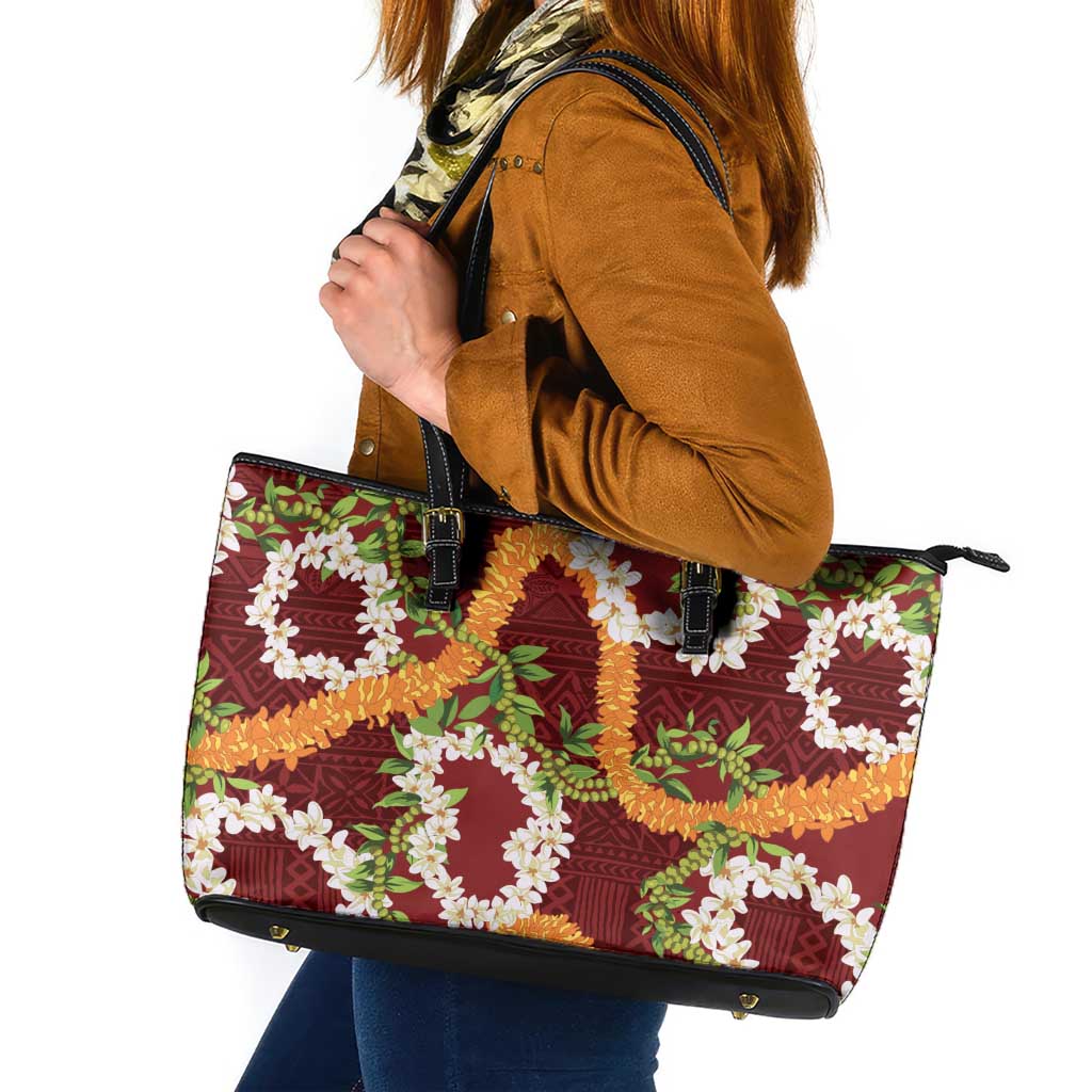 Aloha Festive Hawaii Leather Tote Bag Mokihana - Maile and Ilima on Crimson LT7 Crimson - Polynesian Pride