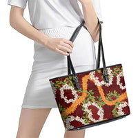 Aloha Festive Hawaii Leather Tote Bag Mokihana - Maile and Ilima on Crimson - Polynesian Pride