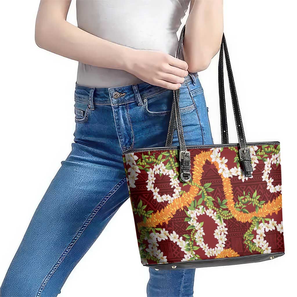 Aloha Festive Hawaii Leather Tote Bag Mokihana - Maile and Ilima on Crimson - Polynesian Pride