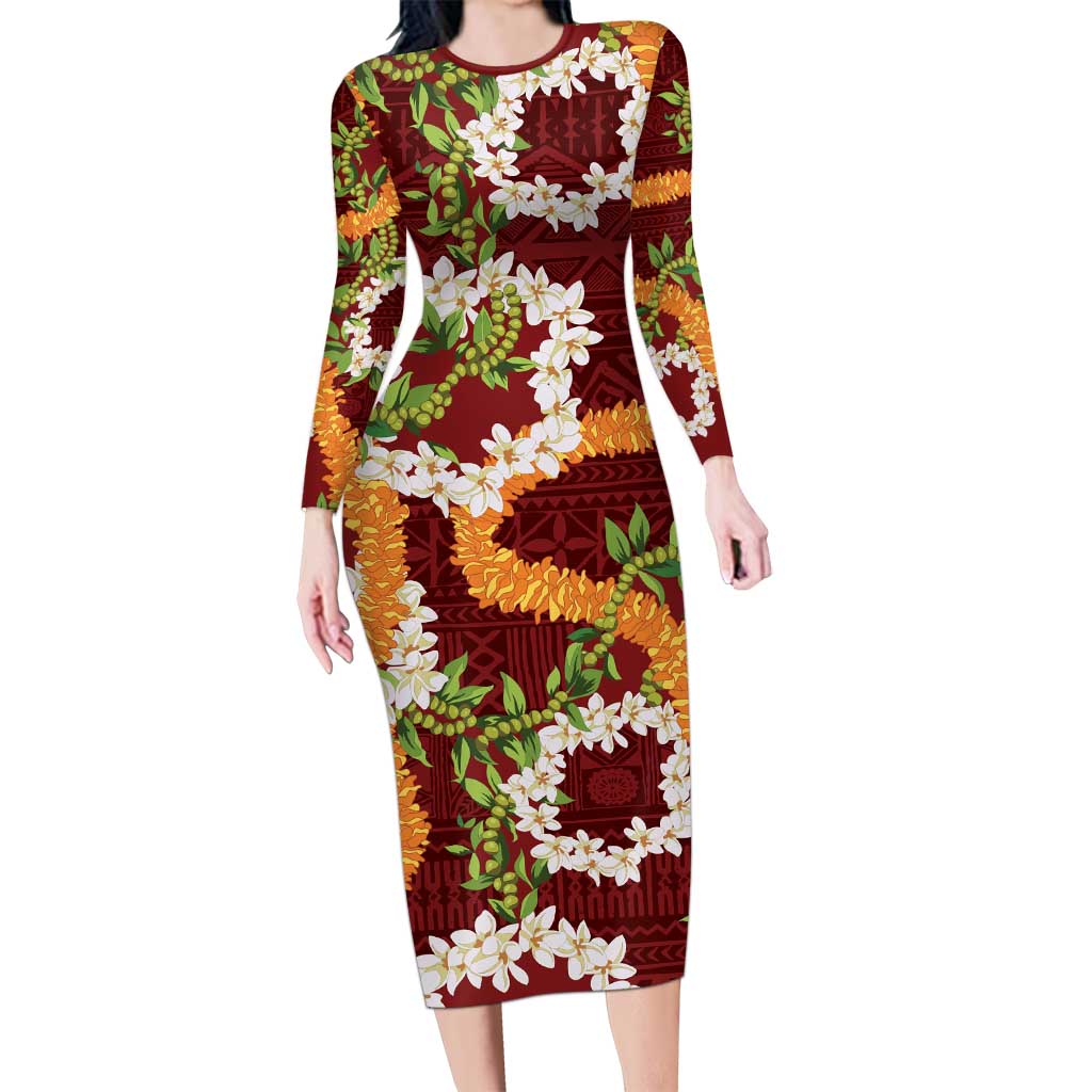 Aloha Festive Hawaii Long Sleeve Bodycon Dress Mokihana - Maile and Ilima on Crimson - Polynesian Pride
