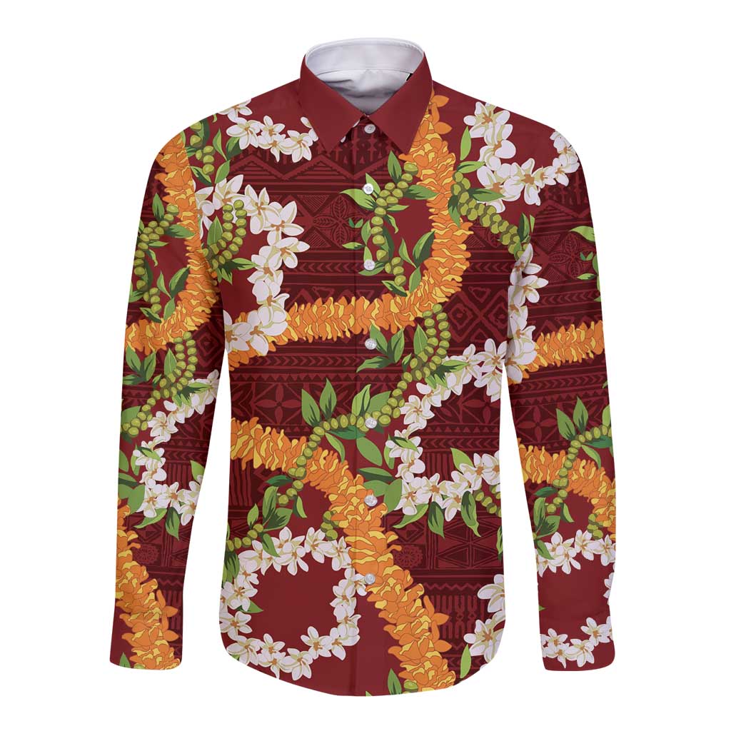 Aloha Festive Hawaii Long Sleeve Button Shirt Mokihana - Maile and Ilima on Crimson LT7 Unisex Crimson - Polynesian Pride