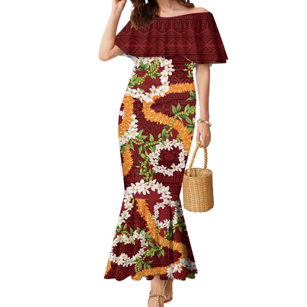 Aloha Festive Hawaii Mermaid Dress Mokihana - Maile and Ilima on Crimson - Polynesian Pride