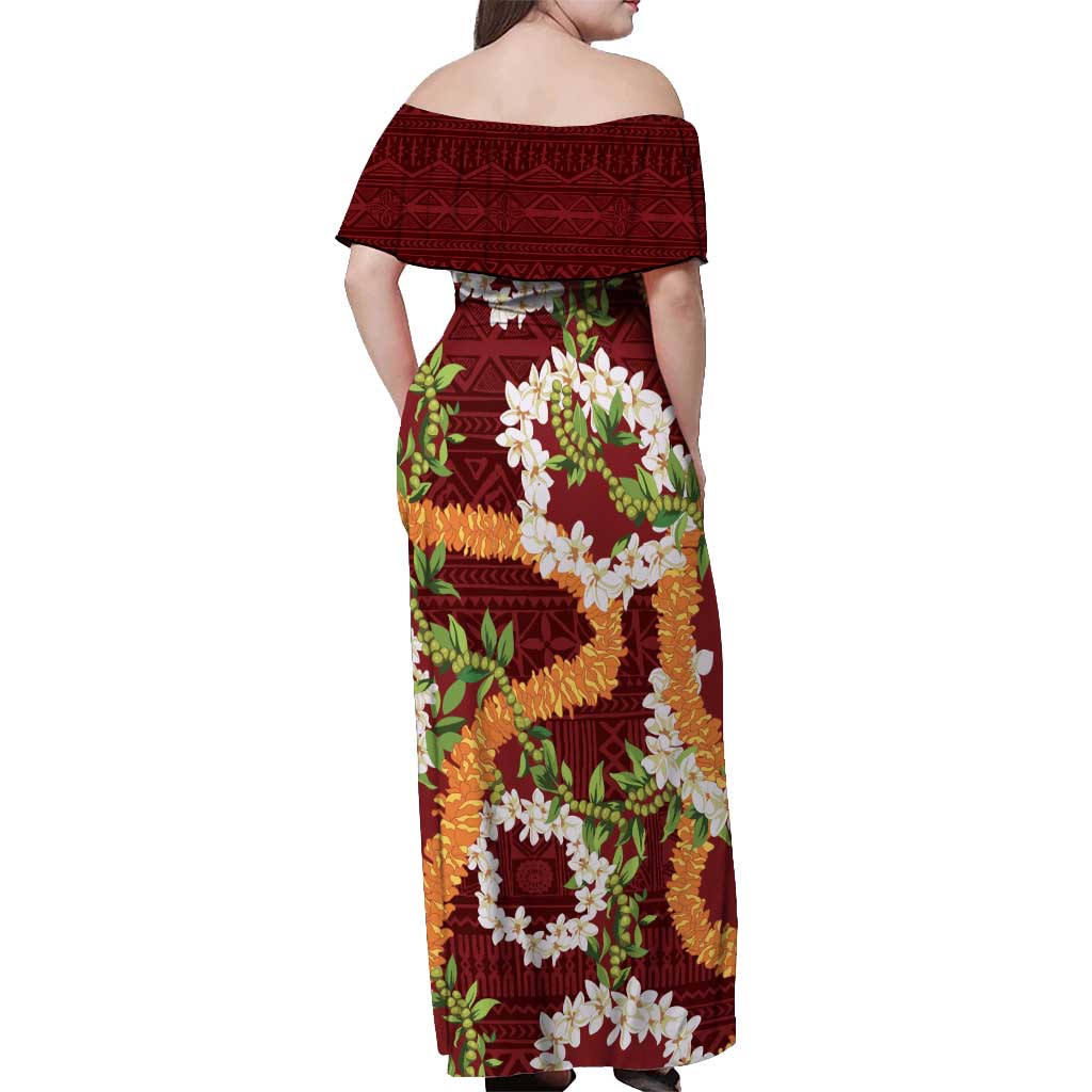 Aloha Festive Hawaii Off Shoulder Maxi Dress Mokihana - Maile and Ilima on Crimson - Polynesian Pride